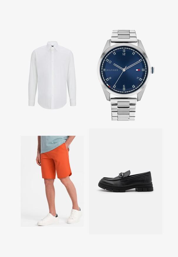 Weißes Langarmhemd aus glattem Stoff mit klassischem Kragen, knöpfen in der Front und abgerundetem Saum. Keine sichtbaren Muster oder Akzente.; Orangene Shorts aus weichem Stoff mit glatter Textur, featuring Seitentaschen und einem abgerundeten Saum, kombiniert mit weißen Sneakern.; Schwarzer Lederloafer mit runder Zehenform, einem dekorativen Riemen und Hardware sowie einer robusten, strukturierten Sohle. Glatte Oberfläche mit dezenten Details.; Silberne Metall-Uhr mit einem gebürsteten blauen Zifferblatt, weißen Stundenmarkierungen und einem Datumsanzeiger. Verfügt über ein verlinktes Metallarmband und ein Markenlogo.; Silberne Halskette mit dicken Gliedern und einem zentralen runden Anhänger mit filigranen Details. Glatte, reflektierende Metalloberfläche.