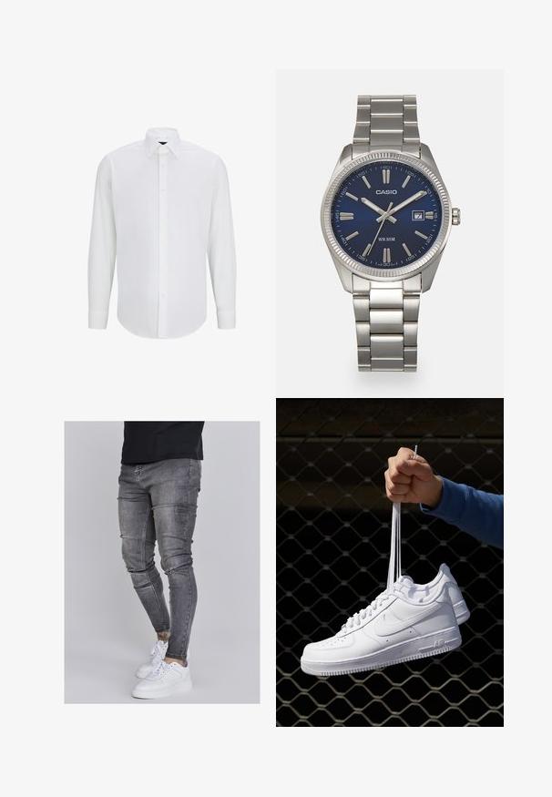 Witte lange mouwen shirt gemaakt van gladde stof met een standaard kraag, sluiting met knopen aan de voorkant en een afgeronde zoom. Geen zichtbare patronen of accenten.; Skinny jeans in vervaagd grijs denim, met versleten details op de knieën, gecombineerd met witte sneakers. Gladde textuur, slank model.; Witte leren sneakers met perforaties, ronde neus, vlakke zool en dikke veters, met een zichtbare swoosh-logo en "AIR" op de hiel.; Zilveren roestvrijstalen horloge met een marineblauwe wijzerplaat, metalen uurmarkeringen en een datumnis op 3 uur. Waterbestendig tot 50 meter.