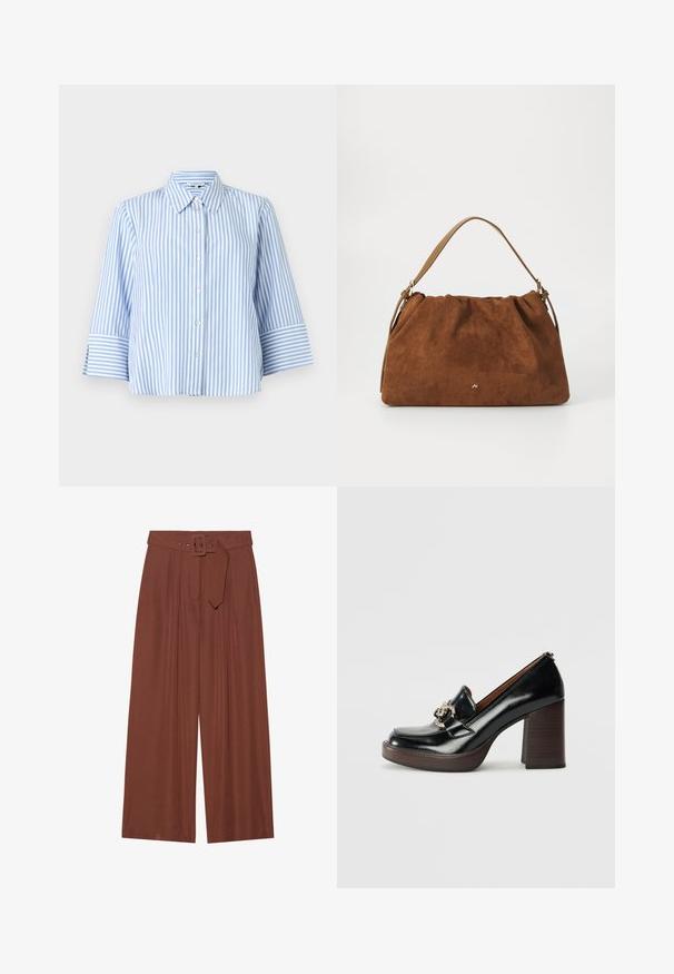 TOM TAILOR MODERN SHAPE STRIPED - Button-down blouse - mid blue/white; Wide-leg trousers in brown fabric, featuring a belt with a square buckle, pleated design, and smooth texture.; Black leather high-heeled loafer with round toe, decorative silver hardware, wooden block heel, and smooth polished finish.; Brown suede handbag with a gathered design, featuring a single tan leather strap and a subtle gold logo detail on the front.