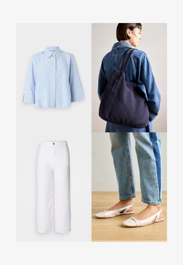 TOM TAILOR MODERN SHAPE STRIPED - Užsagstoma palaidinė - mid blue/white; Balties džinsai su plačiomis kojomis, su mygtuko uždarymu, diržo kilpomis, dviem priekiniams kišenėms ir viena nugarine kišene. Patvari ir tekstūruota medžiaga.; Šviesiai rožiniai slingback baleto bateliai su smailiu pirštu, pagaminti iš lygios odai panašios medžiagos. Yra išpjovimų detalės šonuose ir plokščias kulnas.; Tamsiai mėlynas drobės petinis krepšys su minkšta, struktūruota forma, pasižymintis juodu diržu, siuvinėtomis detalėmis ir mažyčiu prekės ženklo žymekliu.