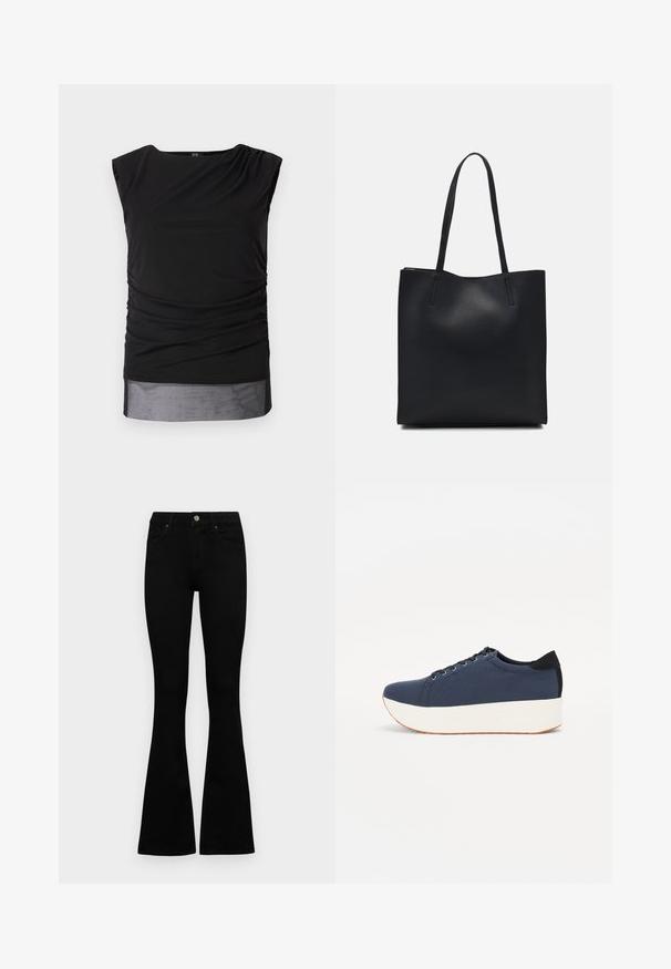 Black sleeveless top made of stretchy fabric, featuring gathered sides, a boat neckline, and a sheer lower hem.; Black high-waist jeans with a button and zip closure, front pockets, and flared legs laid flat on a white background.; Navy blue sneaker with a textured fabric upper, white platform sole, rounded toe, and black heel accent. Features six eyelets for laces.; Black leather tote bag with smooth texture, rectangular shape, and two long handles. No visible hardware or embellishments.