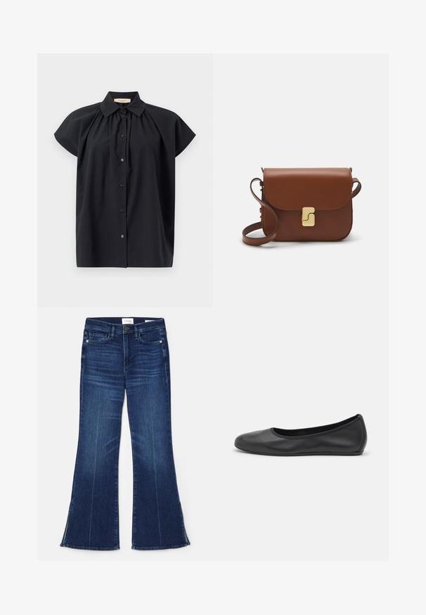 Svart kortärmad blus med knäppning fram, klassisk krage och infällda detaljer vid halsringningen. Mjuk, slät tygstruktur.; Mörkblå utsvängda jeans i denim. Har hög midja, framfickor och slitsdetaljer vid fållen. Klassisk femficksdesign.; Svart läderballerinaskor med rund tå, slät yta, minimala söm detaljer och en flexibel sula.; Brun läderhandväska med klaffstängning, guldfärgad hårdvara, axelrem och en slät yta. Kompakt rektangulär form.