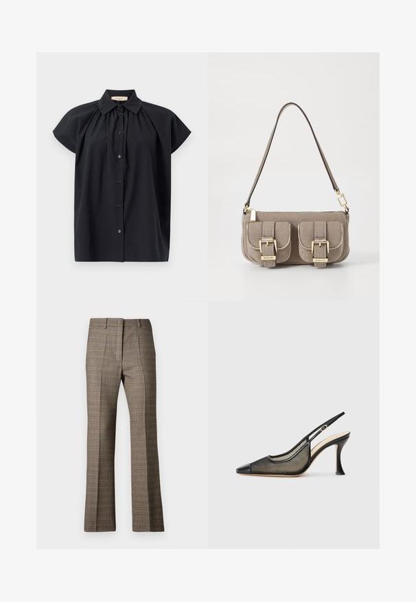 Sort kortærmet bluse med knaplukning foran, klassisk krave og samlet detalje ved halsudskæringen. Blødt, glat stof.; Bruneternet bukser med lige ben, der har et tekstureret stof og subtile farver af beige og mørkere brune nuancer i mønsteret.; Sort slingback højhælede sko med spids tå, mesh-detaljer og en glat læderhætte. Farverne inkluderer sort og beige accenter.; Beige tekstureret håndtaske med justerbar rem, to forreste lommer sikret med spænder og guld hardware detaljer. Lynlåslukning på toppen.