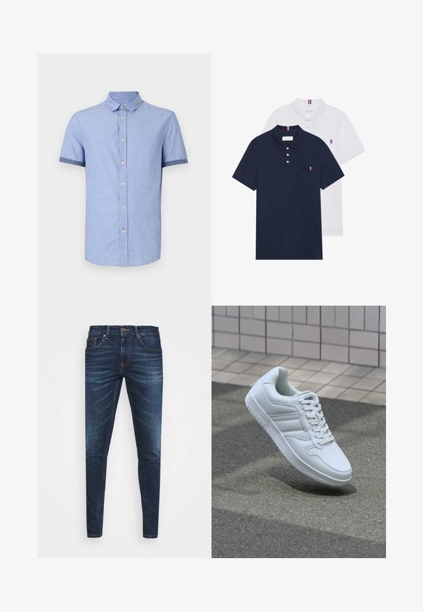 Világoskék, rövid ujjú ing, gombos gallérral, világosbarna gombokkal és kontrasztos sötétkék szegéllyel az ujjakon.; Két pólóing: az egyik sötétkék, a másik fehér, mindkettőn kicsi piros, fehér és kék díszítés található a mellzsebből és a galléron.; Sötétkék farmernadrág, testhezálló fazonnal, finom áttűnéssel, öt zsebbel és fémből készült gombzárral. Kontrasztos színű varrási díszítések.; Fehér sportcipő sima bőr felsőrésszel, fűzős elülettel, perforált orral és mintázott talppal. Minimalista dizájn három oldalsávval.