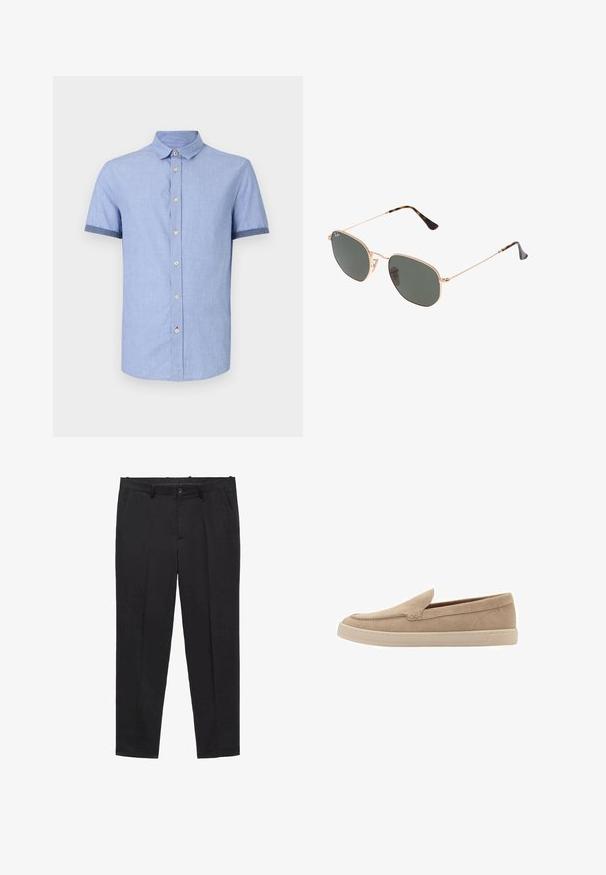 Camicia azzurro chiaro a maniche corte con colletto button-down, dotata di bottoni marrone chiaro e rifiniture contrastanti blu scuro sulle maniche.; Pantaloni neri su misura realizzati in tessuto liscio, con vita piatta, passanti per la cintura e tasche laterali. Design a gamba dritta.; Scarpa slip-on in suede beige con punta arrotondata e dettagli cuciti. Suola in gomma chiara con design a profilo basso.; Occhiali da sole con montatura in metallo dorato e lenti verde scuro, stile aviator, con aste sottili e dettagli in tartaruga sulle punte.