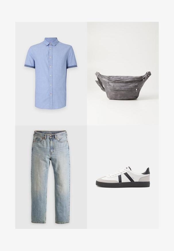 Light blue short-sleeve shirt with a button-down collar, featuring light brown buttons and contrasting dark blue trim on sleeves.; Light blue denim jeans with high waist, front button, zipper, and five-pocket design, laid flat on a neutral background.; White sneaker with black and gray accents, featuring a textured gray toe cap, black rubber sole, and flat white laces. Clean design, minimalist style.; Gray suede fanny pack with a rounded shape, two zippered compartments, and adjustable strap. Features metal hardware accents.