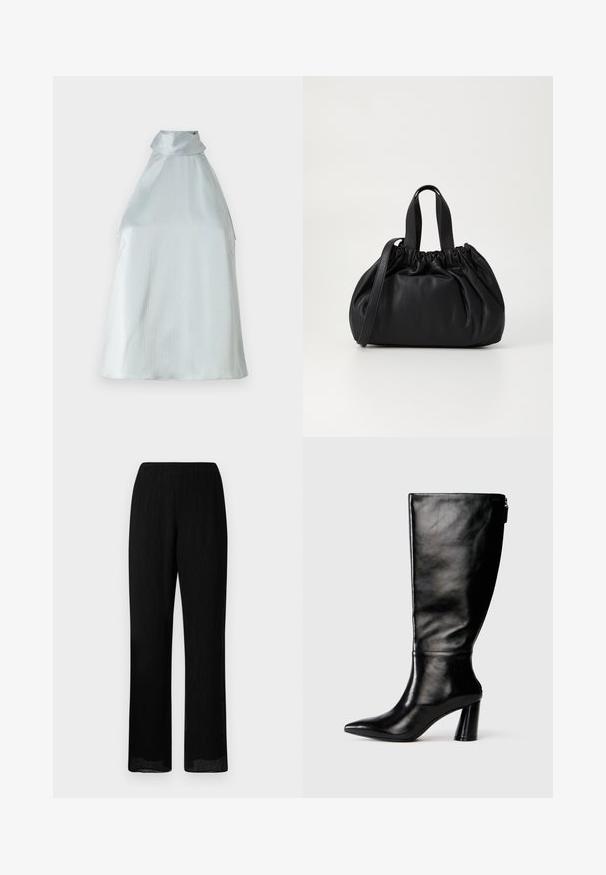 Silver sleeveless top with a high collar, lightly textured fabric, and a relaxed fit. Features side openings for ease of movement.; Black, wide-leg trousers with a creased texture and elastic waistband. The fabric is lightweight and flows, with a straight cut to the hem.; Knee-high black leather boot with a pointed toe, smooth texture, and a chunky heel. Features a zipper detail at the back.; Black leather handbag with a gathered top design, featuring two short handles and a long adjustable strap. Smooth texture, rounded shape.