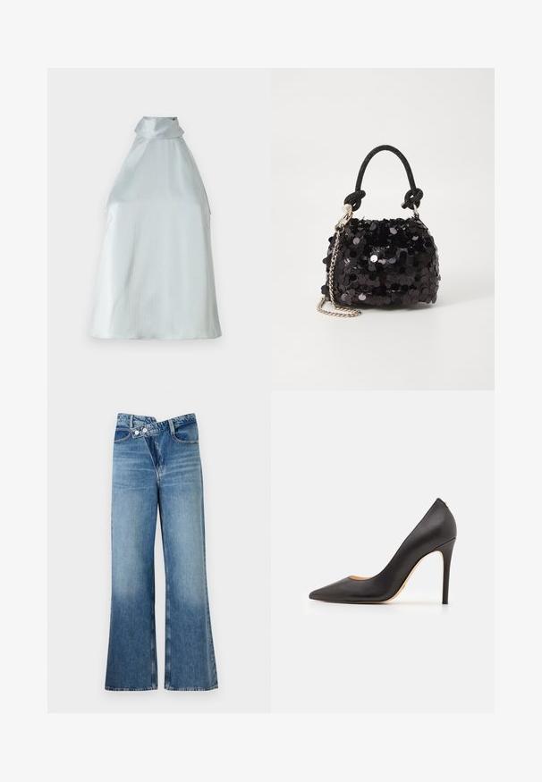 Sølvfarget ermeløs topp med høy krage, lett teksturert stoff og en avslappet passform. Har sideåpninger for enkel bevegelse.; Lyseblå denim flared jeans med høy midje, med to knapper og frontlommer. Stoffet har en falmet tekstur med subtile variasjoner.; Sorte lærhøye hæler med spiss tå og glatt tekstur, med en slank hæl og minimalistisk design.; Svart paljettmini-veske med en knyttet teksturert stropp og sølvkjede. Rund form med samlet topp og reflekterende detaljer.