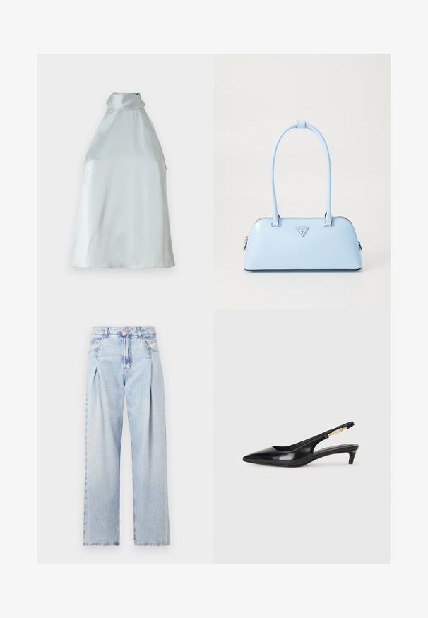 Sidabrinė be rankovių palaidinė su aukštu apykakle, šiek tiek tekstūruota medžiaga ir laisvas fasonas. Yra šoninės angos, kad būtų lengviau judėti.; Šviesiai mėlyni džinsai su aukštu liemeniu, plačiomis kojomis, dviem šoninėmis kišenėmis ir raukinių dizainu. Minkšta tekstūra su nudilusia apdaila.; Juodas odinis pavasario batelių modelis su smailiu nosiu, turintis siaurą kulniuką ir auksinės spalvos akcentu reguliuojamoje juostoje. Lygi tekstūra.; Šviesiai mėlyna rankinė su struktūriška forma, lygaus odos paviršiaus, dviem rankenomis ir trikampiu prekės ženklo logotipu priekyje. Užtraukiama uždanga.