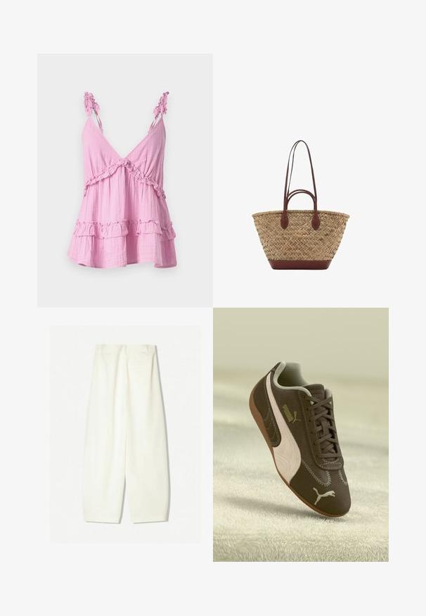 Lyserød, ærmeløs top lavet af blødt stof med flæse-detaljer langs udskæringen og kanten. Har et afslappet, lagdelt design.; Bredde bukser i et blødt cremfabric, med en glat tekstur, forreste lommer og en afslappet pasform med en mid-rise talje.; Brune Puma sneakers med beige stribe og logo, snøret, hvilende på en struktureret beige overflade.; Vævet strå tote taske med flettet tekstur, mørkebrune læderhåndtag og bund, bred cirkulær form og åben topdesign.