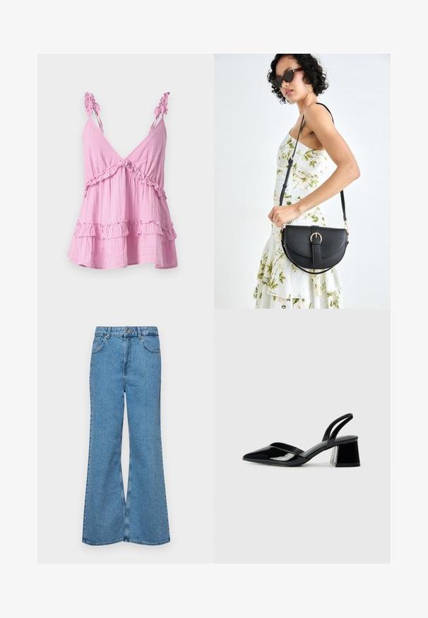 Pink, sleeveless top made of soft fabric with ruffled accents along the neckline and hem. Features a relaxed, tiered design.; Light blue flared jeans made of denim, featuring a high waist, five pockets, and a single button closure. Soft texture with faded finish.; Black patent leather slingback heels with a pointed toe and a geometric block heel. Features a sleek, minimal design and smooth texture.; Black leather handbag with a curved shape, detachable strap, and gold hardware. The bag features a flap with a buckle detail.