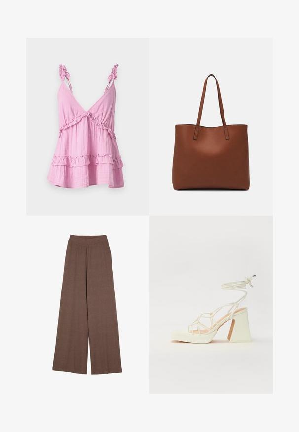 Roosa, ilma varrukateta tipp pehmest kangast, millel on volangakujulised kaunistused kaeluses ja allääres. Omab lõdva, kihilise disaini.; Laiad püksid, mis on valmistatud tekstuurses, soonilise kangaga soojas pruunis värvitoonis. Omavad liibuvat vöökohta ja voolujoonelist siluetti.; Valged kõrge kontsaga sandaalid, millel on paks konts ja rihmadega disain koos pahkluu sidumisega. Sile tekstuur ja platvorm ees, et lisada kõrgust.; Pruun nahast tote-kott, millel on sile tekstuur, avatud ülaosa disain ja kaks õlarihma. Omab minimaalset õmblust ja nähtavat riistvara ei ole.