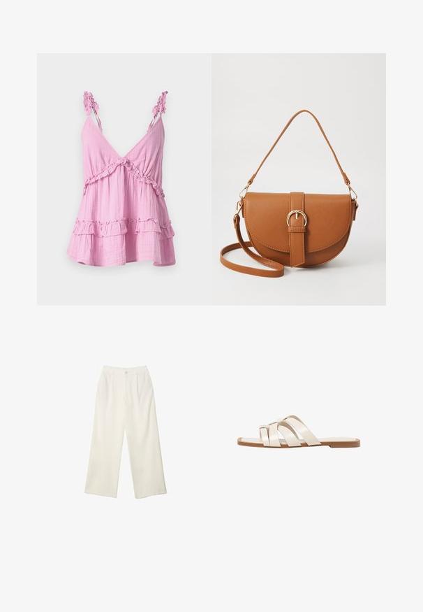 Ružičasti bezrukavac izrađen od mekog materijala s naboranim detaljima duž dekoltea i rubova. Ima opušteni, slojeviti dizajn.; Hlače širokih nogavica od kremaste tkanine s glatkom teksturom, s jednim prednjim gumbom, suptilnim plitvicama i visokim strukom.; Ravne sandale s smeškom od gume, dizajnirane s tri preklapajuće bele kožne trake i malim detaljem mašne u sredini.; Smeđa kožna torba preko tijela s zakrivljenim oblikom, zlatnim metalnim detaljima i naglaskom na kopču. Ima odvojivu naramenicu.