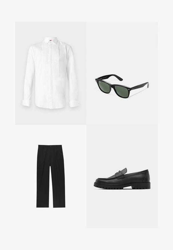 Vit långärmad skjorta i bomull med klassisk krage, som har vertikala plisseringar fram och knäppta manschetter.; Svarta byxor med rak ben-design, tillverkade av ett jämnt tyg. Har framfickor och en enkel knapplåsning i midjan.; Svarta lädersneakers med rund tå, med en sydd design, låg plattformssula och en texturerad, mönstrad gummisula.; Svarta plastsolglasögon med gröna linser, fyrkantiga bågar, silverdetalj på ögonbrynet och texturerade skalmar. Angiven märkning på den inre skalmen.