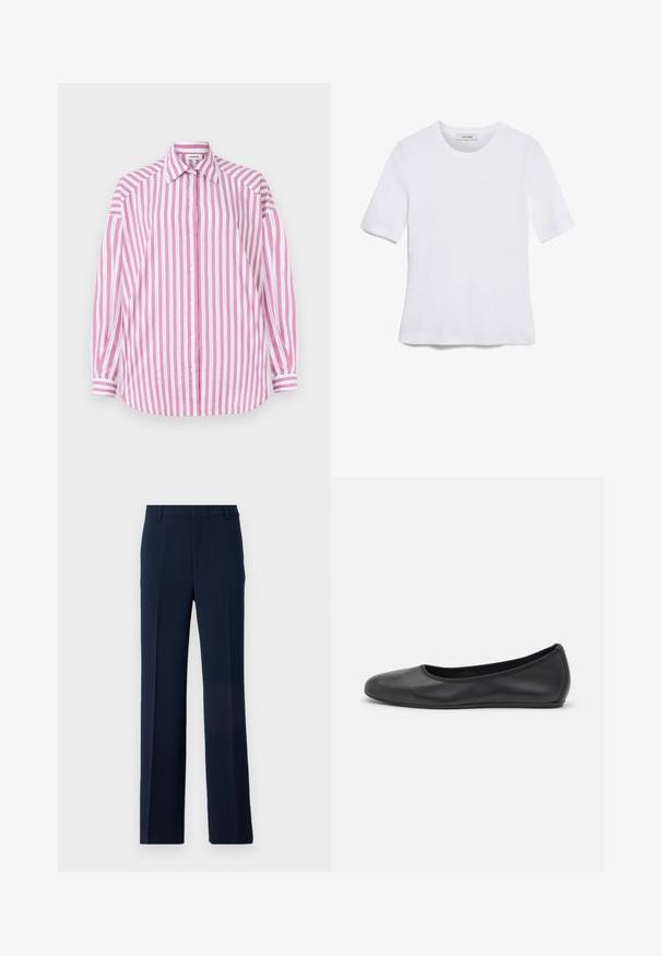 Stripet skjorte med rosa og hvite vertikale striper, lange ermer, klassisk krage, knapplukking foran, og avrundet nederkant. Laget av bomull.; Hvit kortermet t-skjorte laget av ribbestrikket materiale. Rund hals, vanlig passform og subtile sømdetaljer. Ingen mønstre eller grafikk.; Marineblå bukser laget av glatt stoff, med rett ben-design, frontfolder og sidelommer for et skreddersydd utseende.; Svart skinnballettflatt med rund tå, glatt tekstur, minimal sømdetalj, og et fleksibelt såledesign.
