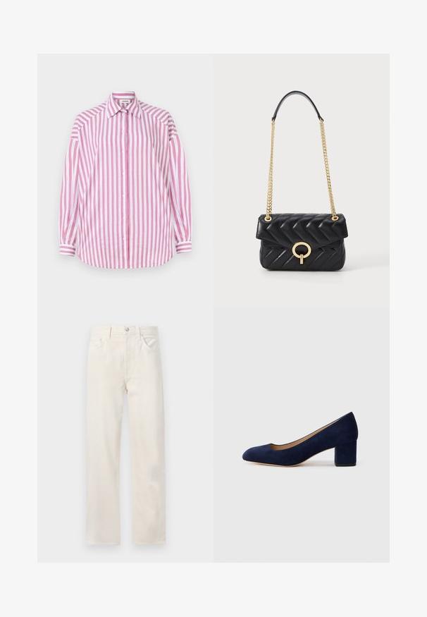 Striped shirt with pink and white vertical lines, long sleeves, classic collar, button-up front, and a curved hem. Cotton material.; Off-white straight-leg denim jeans with five pockets, belt loops, and a button-and-zip closure at the waist.; Navy blue suede pump with a pointed toe and a mid-height block heel. Smooth texture with a subtle sheen and a small cutout at the front.; Black quilted leather handbag with a gold chain strap, featuring a rounded gold hardware clasp and a flap closure. Compact rectangular shape.