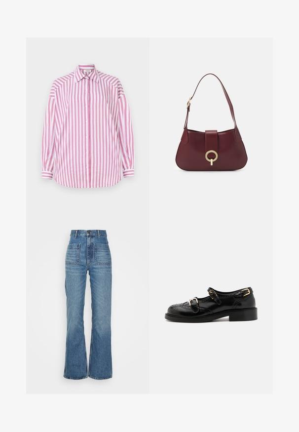 Striped shirt with pink and white vertical lines, long sleeves, classic collar, button-up front, and a curved hem. Cotton material.; High-waisted blue denim jeans with a flared leg, two front pockets, and two back pockets; textured fabric with a faded wash.; Black leather shoes with brogue detailing, featuring two buckle straps, a rounded toe, and a low heel. Smooth texture with shiny finish.; Burgundy leather handbag with a curved shape, a gold circular hardware accent, and a single shoulder strap. Smooth texture, minimalist design.
