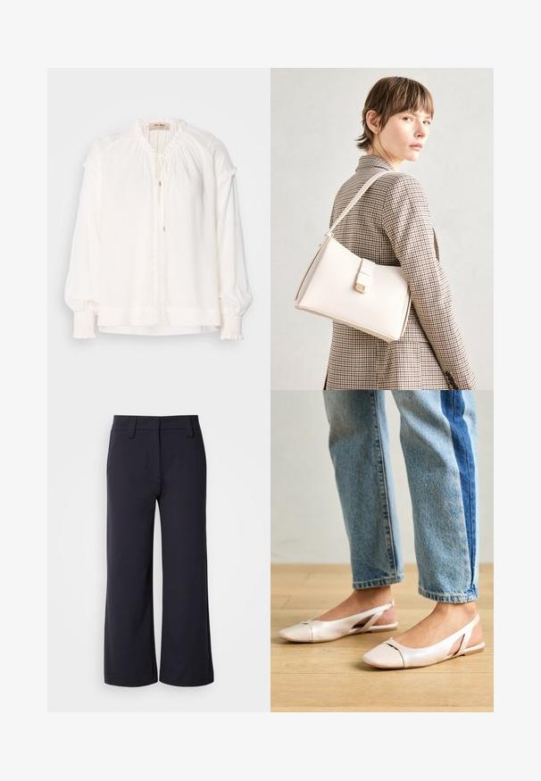 White long-sleeve blouse made of lightweight fabric, featuring a gathered neckline, ruffled accents at sleeves, and a front tie closure.; Wide-leg trousers in dark navy fabric. Features a flat front, belt loops, and side pockets. The material is smooth with a slight stretch.; Pale pink slingback flats with a pointed toe, made from a smooth leather-like material. Features cut-out details at the sides and a flat heel.; White leather handbag with a structured design, featuring a magnetic clasp and a shoulder strap, showcased against a neutral background.