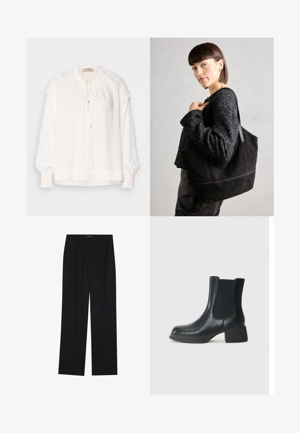 Blusa blanca de manga larga hecha de tela ligera, con un escote fruncido, acentos con volantes en las mangas y un cierre delantero con lazo.; Pantalones negros con un diseño de pierna recta, que cuentan con dos bolsillos frontales y una cinturilla. Fabricados con una tela suave y ligera.; Botín de cuero negro con paneles laterales elásticos, punta redondeada y un tacón bajo tipo bloque. La superficie tiene una textura suave y un diseño minimalista.; Bolso tote de ante negro con una textura suave, forma estructurada y costuras en contraste. Presenta asas largas para llevar en el hombro.