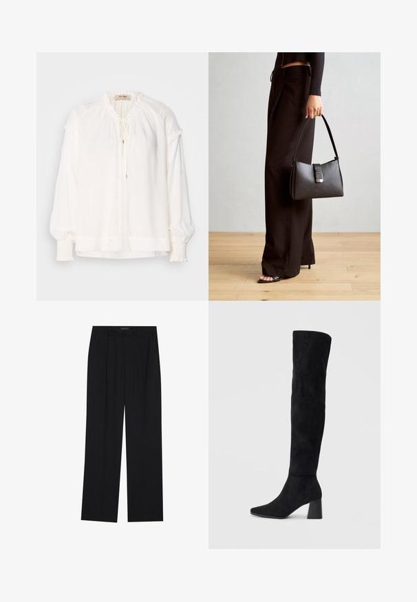 Weiße Bluse mit langen Ärmeln aus leichtem Stoff, mit gerafftem Ausschnitt, Rüschendetails an den Ärmeln und einem vorderen Bindeband.; Schwarze Hose mit geradem Bein, ausgestattet mit zwei frontalen Taschen und einem Taillenbund. Hergestellt aus einem glatten, leichten Stoff.; Schwarze Wildleder-Stiefel bis zum Knie mit Blockabsatz, spitzer Zehe und glattem, nahtlosem Design auf einem schlichten, hellen Hintergrund.; Schwarze Handtasche mit strukturierter Form, glatter Textur und einem metallischen Verschluss. Kombiniert mit weiten schwarzen Hosen und offenen Sandalen auf einem Holzboden.