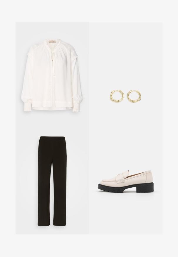 Witte blouse met lange mouwen van lichte stof, met een gegatherde halslijn, ruches op de mouwen en een striksluiting aan de voorkant.; Zwarte, rechte broek van geweven stof, met een platte voorkant, twee zijzakken en een gladde textuur. Geen zichtbare patronen of accenten.; Lichtbeige leren loafers met een gestikte voorkant en een textuur met een zwarte plateauhak. Beschikt over een gebogen ontwerp en een lichte verhoging.; Gouden creolen met een textuur en onregelmatige vorm. Voorzien van een naadloze sluiting en een gepolijste afwerking, wat het moderne ontwerp benadrukt.