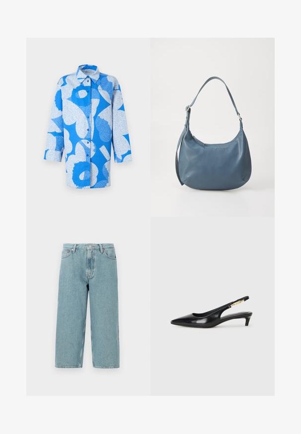 Marimekko HEITTO UNIKKO - Button-down blouse - blue/white; Light blue denim shorts with a high waist, straight cut, and raw hem. Features a classic button and zipper closure, four pockets.; Black leather slingback heels with a pointed toe, featuring a slim heel and a gold-tone accent on the adjustable strap. Smooth texture.; Blue leather handbag with a rounded shape, single shoulder strap, zip closure, and embossed brand name on the front. Smooth texture.