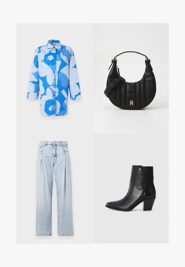 Marimekko HEITTO UNIKKO - Pogājama blūze - blue/white; Gaiši zilas džinsu bikses ar augstu jostasvietu, plats kāju griezumu, divām sānu kabatām un krokotā dizaina akcentiem. Mīksta tekstūra ar izdilušu apdari.; Melnas ādas potīšu zābaki ar smailu purngalu, elastīgām sānu paneļiem un kvadrātveida papēdi. Iezīme neliela zelta logo akcenta.; Melnas ādas rokassoma ar izliekumu formu, kā arī izšūtu tekstūru un zelta aksesuāriem. Iespējas iekļauj noņemamu plecu siksnu un logo detalizāciju.