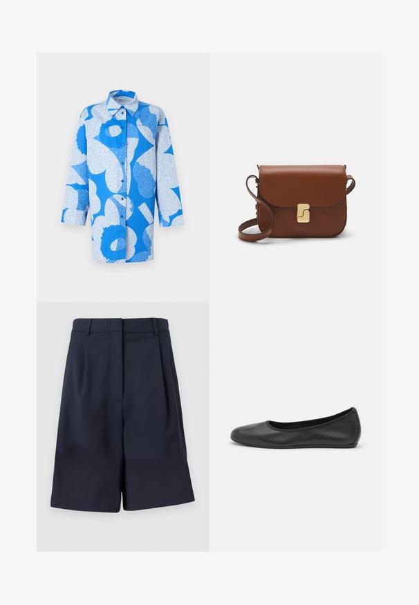 Marimekko HEITTO UNIKKO - Blusa - blue/white; Pantalones cortos ajustados azul marino fabricados con un tejido suave, con cintura alta, pliegues en el frente y bolsillos laterales. Silueta limpia y estructurada.; Bailarina de piel negra con punta redondeada, textura suave, detalle de costura minimalista y diseño de suela flexible.; Bolso de mano de cuero marrón con cierre de solapa, herrajes en tono dorado, correa para el hombro y una textura suave. Forma rectangular compacta.