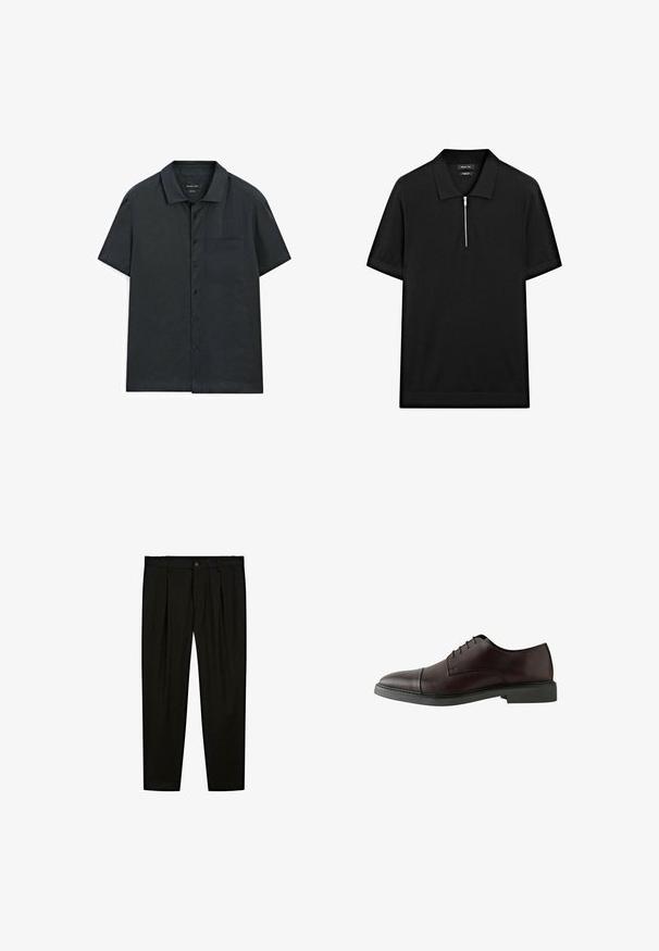 Koszulka z krótkim rękawem, zapinana na guziki, w ciemnoszarym kolorze, z prostym kołnierzykiem, jedną kieszenią na piersi i gładką fakturą.; Czarna koszulka polo z krótkim rękawem, z kołnierzykiem stójkowym i zamkiem błyskawicznym z przodu. Wykonana z gładkiego materiału o czystym, minimalistycznym designie.; Czarne dopasowane spodnie wykonane z gładkiego materiału. Cechy to płaski przód, szerokie nogawki i zapięcie na guzik w pasie.; Ciemno burgundowe skórzane półbuty zapinane na sznurowadła z okrągłym noskiem, płaską czarną podeszwą, minimalną ilością przeszyć oraz gładką fakturą.