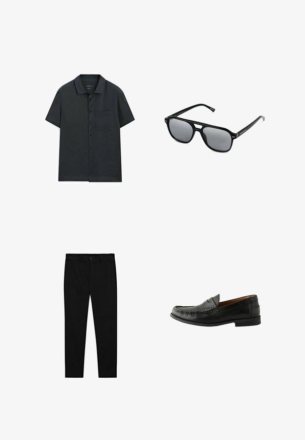 Krátký rukáv košile na knoflíky z tmavě šedé látky, s jednoduchým límečkem, jednou náprsní kapsou a hladkou texturou.; Bílé bavlněné tílka, bez rukávů, kulatý výstřih, hladká textilie, vyrobená z měkkého, lehkého materiálu. Zobrazeny dva kusy.; Černé kalhoty na míru s knoflíkovým zapínáním, poutky na opasek a úzkými rovnými nohavicemi, vystavené na bílém pozadí.; Černé kožené mokasíny s hladkým povrchem, zaoblenou špičkou, ručně šitými detaily a nízkou gumovou podešví. Klasický a univerzální design.; Černé sluneční brýle s obdélníkovými rámy, šedými tónovanými skly a designem s výřezem ve střední části. Hladký, lesklý plastový materiál, s úzkými stranami.