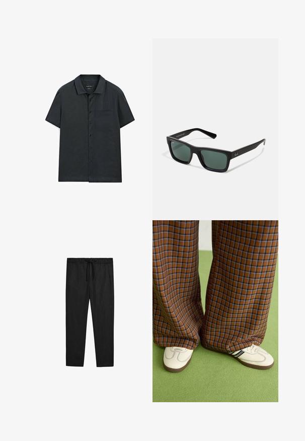 Kurzarm-Hemd aus dunkelgrauem Stoff, mit einem einfachen Kragen, einer Brusttasche und einer glatten Textur.; Massimo Dutti JOGGER FIT - Stoffhose - black; Braun und blaue Karohosen mit weitem Bein, kombiniert mit weißen Schuhen mit schwarzen Akzenten und strukturierten Sohlen, vor einem grünen Hintergrund.; Schwarze rechteckige Sonnenbrille mit grünem Glas, mattem Finish, geraden Bügeln und dem Ray-Ban-Logo an der Seite.