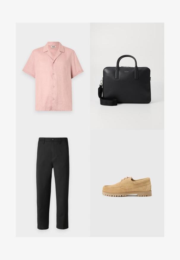 Camisa de manga corta en lino suave color rosa claro, con cuello tipo spread, cierre frontal de botones y un corte relajado. Textura suave con un brillo sutil.; Pantalones negros de corte recto, hechos de una tela lisa. Cuentan con un cierre de botón y trabillas para cinturón. Sin patrones ni acentos visibles.; Zapatos de ante marrón con un diseño de mocasín, que cuentan con una punta redondeada, cordones y una suela de goma gruesa y texturizada con un patrón de tracción.; Maletín de cuero negro con un acabado texturizado, asas dobles, correa de hombro desmontable y un detalle de logo en la parte frontal. Cierre de cremallera.