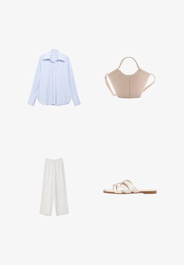 Jasnoniebieska koszula z długim rękawem w pionowe białe paski, z wywijanym kołnierzykiem i zapięciem na guziki. Posiada luźny krój i mankiety z zapięciem.; Białe spodnie o szerokich nogawkach wykonane z lekkiego materiału. Posiadają elastyczny pas z sznurkiem i boczne kieszenie. Gładka tekstura.; Płaskie sandały z brązową gumową podeszwą, zaprojektowane z trzema nakładającymi się na siebie białymi skórzanymi paskami i małym detalem w postaci kokardy na środku.; Beżowa skórzana torebka o unikalnym kształcie, z dwoma krótkimi uchwytami i długim, regulowanym paskiem. Gładka tekstura z minimalną ilością elementów metalowych.