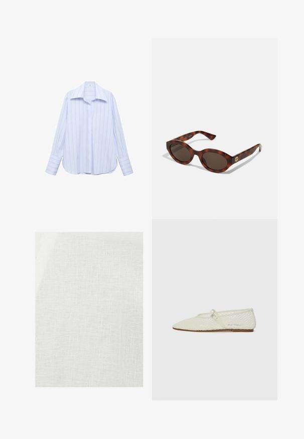 Helles blaues Langarmshirt mit vertikalen weißen Streifen, spitzem Kragen und Knopfverschluss. Besitzt eine lockere Passform und Umschlagsäume.; Weißer Leinenstoff mit strukturierter Webart, der eine leicht undurchsichtige Erscheinung und natürliche Unregelmäßigkeiten im Material aufweist.; Cremefarbene Netz-Ballettschuhe mit spitzem Zehenbereich und verstellbarem Riemen. Verfügt über ein strukturiertes Obermaterial und eine flache, braune Sohle.; Schildpatt-Sonnenbrillen mit runden Rahmen, dunklen Gläsern und goldfarbener Logodetailierung an den Schläfen. Glattes Kunststoffmaterial, keine sichtbaren Muster.; Braune, geflochtene Lederhandtasche mit einer lässigen, dreieckigen Form. Verfügt über einen geflochtenen Griff und einen Reißverschluss an der Oberseite.