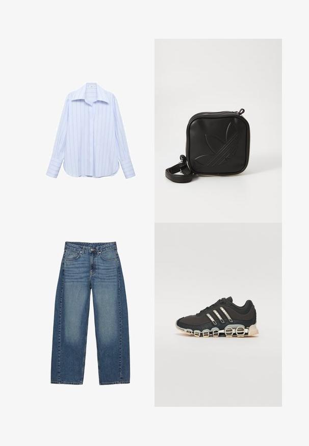 Light blue long-sleeve shirt with vertical white stripes, a pointed collar, and button closure. Features a relaxed fit and cuffed sleeves.; Wide-leg blue jeans made of denim, featuring a classic five-pocket design, with a faded wash and tonal stitching.; Black athletic shoe with a textured upper, three silver stripes, and a distinctive cushioning sole featuring multiple integrated sections.; Black square crossbody bag made of textured synthetic material. Features an embossed logo design and adjustable strap. Zipper closure.