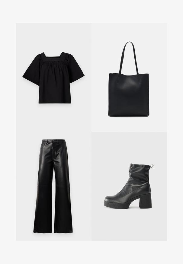 Črn bombažna bluzica s kvadratnim izrezom, kratkimi širokimi rokavi in nabranimi detajli v pasu za sproščen kroj. Preprost in minimalističen dizajn.; Črne široke hlače iz umetnega usnja z visokim pasom, sprednjim gumbom, zadrgo, zanke za pas in stranskimi žepi na beli podlagi.; Črne gležnjarje iz gladke kože z božnim zadrgo, masivnim teksturiranim peto in zaobljeno obliko prstov.; Črna usnjena torba s svilnato teksturo, pravokotne oblike in dvema dolgima ročajema. Brez vidnih metalnih delov ali okrasnih elementov.