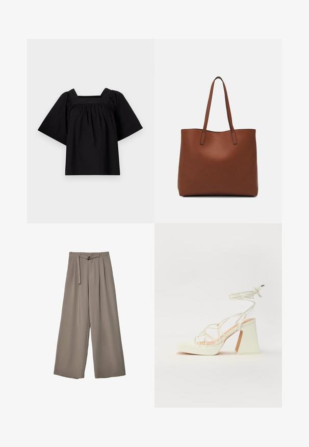 Čierny bavlnený top so štvorcovým výstrihom, krátkymi širokými rukávmi a zružením v oblasti pása pre voľný strih. Jednoduchý a minimalistický dizajn.; Široké nohavice v jemnej, tlmenej šedej tkanine, s opaskom v pase a vreckami pre dodatočný dizajnový detail. Hladký povrch, bez vzorov.; Biele sandále na vysokom opätku s hrubým podpätkom, s pruhovaným dizajnom a viazaním na členku. Hladký povrch s platformou vpredu pre zvýšenú výšku.; Hnedá kožená taška na rameno s hladkou textúrou, otvoreným vrchom a dvoma ramenými popruhmi. Má minimálne šitia a žiadne viditeľné kovania.