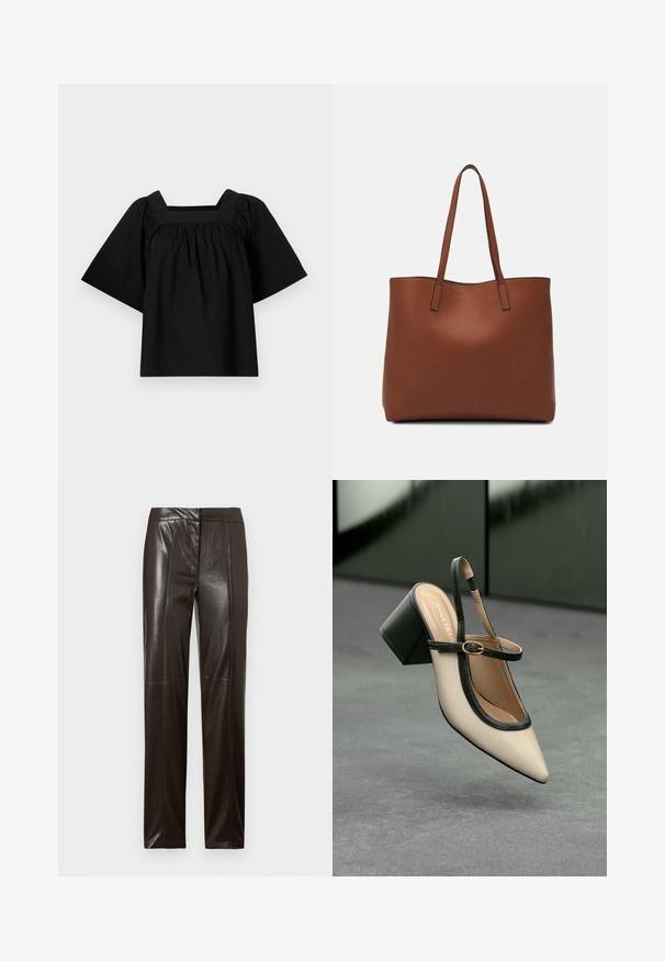 Zwart katoenen top met een vierkante halslijn, korte brede mouwen en geplooide details bij de taille voor een ontspannen pasvorm. Eenvoudig en minimalistisch ontwerp.; Donkerbruine leren broek met rechte pijpen, een gladde afwerking en subtiele naden langs de voorkant.; Beige puntige slingback schoen met zwarte rand, gouden gesp en een chunky blokhak op een grijze vloer met een donker groene achtergrond.; Bruine leren tote bag met een gladde textuur, een ontwerp met een open bovenkant en twee schouderbanden. Kenmerkt zich door minimale stiksels en geen zichtbare hardware.