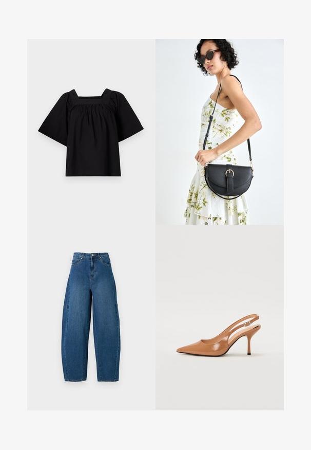 Must musträtiga puuvillased särk ruudu kujulise kaelusega, lühikeste laia varrukatega ning kogutud detailidega taljeosas, et tagada mugav istuvus. Lihtne ja minimalismiga disain.; Keskmise sinise tooniga teksad, millel on kõrge talje, lai jalaliik ja standardne viie taskuga disain koos nähtavate õmbluste detailidega.; Küüntega slingback konts, mis on valmistatud siledast ja läikivast tan värvi materjalist. Omab kaarjat lõigatud disaini ja õhukest stiletto kontsa. Hõbedane pandla detail.; Mustmust mustraha kõverate joontega, eemaldatava rihmaga ja kuldsete detailidega. Kotil on klapp, millel on pandladetail.