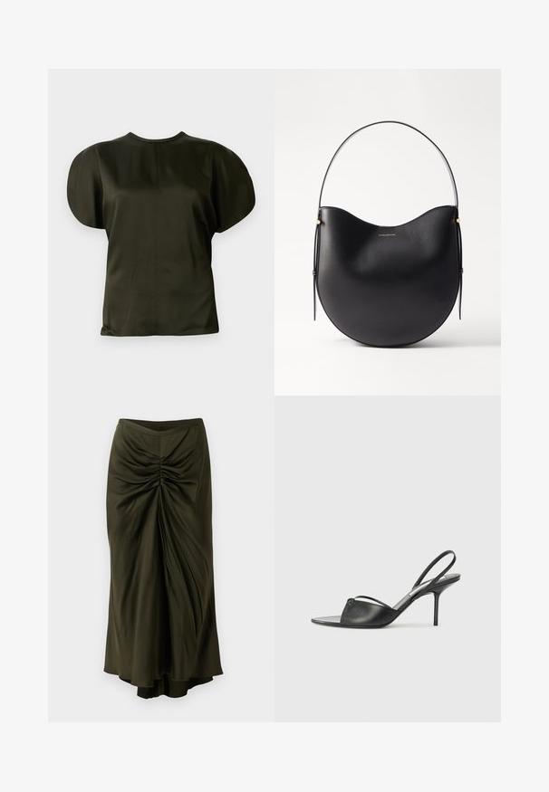 Krótki rękaw bluzki w ciemnooliwkowym kolorze, z gładką, satynową teksturą, zaokrąglonymi ramionami i prostym okrągłym dekoltem.; Zefirująca oliwkowo-zielona spódnica wykonana z gładkiego, płynącego materiału. Posiada wysoki stan oraz asymetryczny dół, co dodaje jej wymiaru.; Czarne skórzane sandały na wysokim obcasie z ostro zakończonym noskiem, cienkim paskiem wokół kostki i obcasem typu stiletto. Posiadają węzeł na przodzie.; Czarna skórzana torba na ramię o zakrzywionym kształcie, cienkim uchwycie i subtelnych złotych akcentach. Gładka faktura z minimalistycznym designem.