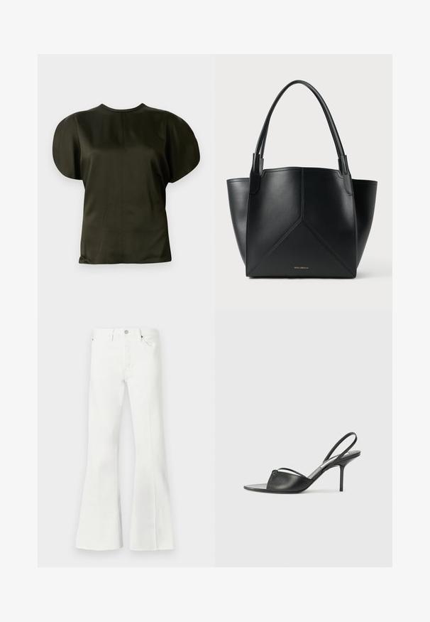 Trumpai rankovėmis viršus tamsiai alyvuogių spalvos, pasižymintis lygiu, satino tipo paviršiumi, apvaliais pečiais ir paprastu apvaliu iškirpimu.; Balti džinsai su platėjančiomis klešnėmis ir aukštu liemeniu, turintys mygtukų užsegimą, dvi priekinės kišenės ir neapdirbtus kraštus apačioje.; Juodos odinės slingback aukštakulnės bateliai su smailiu priekiniu galu, plona kulkšnies juostele ir stiletto kulnu. Papuošti mazginio detalė vampyro dalyje.; Juodas odinis nešiojimo krepšys su geometriniu dizainu, turintis dvi rankenas ir auksinį prekės ženklą priekyje. Lygus paviršius ir struktūrizuota forma.