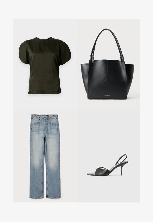 Krátký rukáv top v tmavě olivové barvě, s hladkým, saténovým vzhledem, zaoblenými rameny a jednoduchým kruhovým výstřihem.; Světle modré džíny z denimu se rovný střih, vysokým pasem, pěti kapsami a jemným zesvětlením na stehnech a kolenou.; Černé kožené lodičky na odkryté patě s špičatou špičkou, tenkým řemínkem kolem kotníku a jehlovým podpatkem. Obsahují uzlový detail na nártu.; Černá kožená taška na rameno s geometrickým designem, vybavená dvěma uchy a zlatým brandingem na přední straně. Hladká textura a strukturovaný tvar.