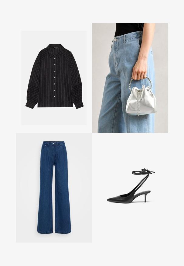 Camisa preta de botão com riscas brancas, com colarinho pontudo, mangas longas e punhos elásticos. Feita de um tecido texturizado.; Jeans de ganga azuis de perna larga com uma cintura alta, fecho frontal por botão e zip e bolsos dianteiros e traseiros sobre um fundo plain.; Shoe stileto de couro preto com bico fino, parte traseira aberta e tiras de tornozelo atadas em um laço. Salto fino de 7,5 cm. Textura suave, design minimalista.; Saco de balde prateado metálico com um acabamento texturizado, adornado com uma pega redonda prateada e fecho de cordão, segurado contra jeans azul claro.