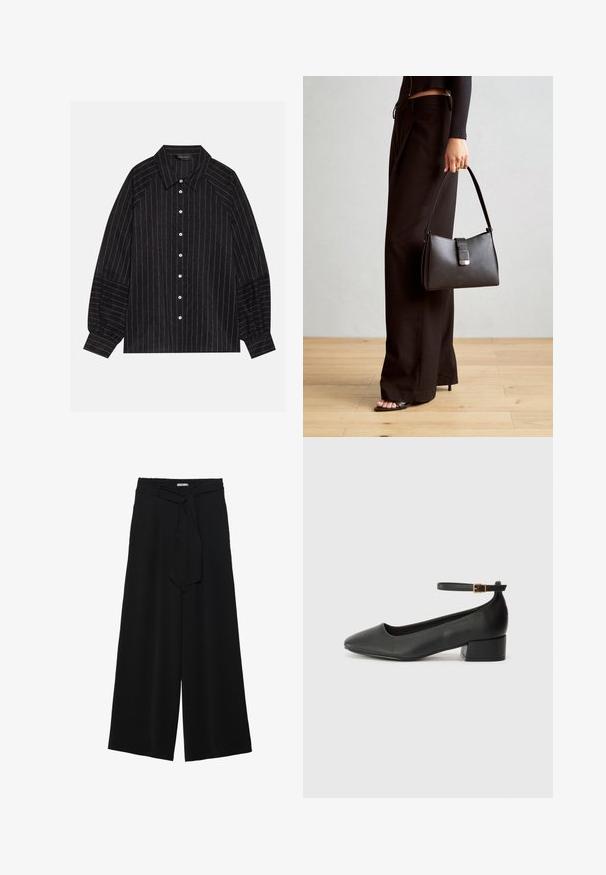 Černá košile na knoflíky s bílými pruhy, má špičatý límec, dlouhé rukávy a elastické manžety. Vyrobena z texturované látky.; Černé kalhoty s širokými nohavicemi, vyrobené z texturované tkaniny, s elastickým pasem a odnímatelným páskem na úpravu velikosti.; Černé kožené lodičky s špičatou špičkou a nízkým blokovým podpatkem. Obsahují pásek kolem kotníku se zlatou sponou. Hladký povrch.; Černá kabelka se strukturovaným tvarem, hladkým povrchem a kovovým uzávěrem. Kombinována s širokými černými kalhotami a sandály s otevřenou špičkou na dřevěné podlaze.