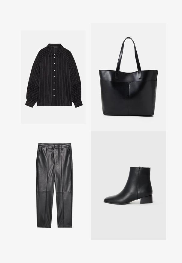 Camicia nera con bottoni e righe bianche, dotata di colletto a punta, maniche lunghe e polsini elasticizzati. Realizzata in un tessuto testurizzato.; Pantaloni in pelle nera con una texture liscia, caratterizzati da un fit dritto, due tasche frontali e dettagli delle cuciture in evidenza.; Stivaletto in pelle nera con punta affusolata e tacco basso a blocco, caratterizzato da una superficie liscia e un design minimalista.; Borsa a tracolla in pelle nera con due manici lunghi, una texture liscia e una forma strutturata. Presenta una tasca frontale per ulteriore spazio di archiviazione.