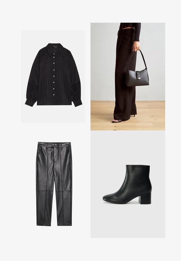 Must must-valge triibuline särk, millel on terav krae, pikad varrukad ja elastsed mansetid. Valmistatud tekstureeritud kangast.; Mustad nahkpüksid sileda tekstuuriga, sirge lõikega, kahe eesmine taskuga ja nähtavate õmblusteta.; Mustad nahast pahkluu saapad terava varbaga ja jämeda kandaga. Sile tekstuur minimaalse aktsentidega ja stiilne, lihvitud disain.; Must musta kott, millel on struktureeritud kuju, sile tekstuur ja metallist klamber. Kombineeritud laiate mustade pükstega ja avatud varvaste sandaalidega puidust põrandal.