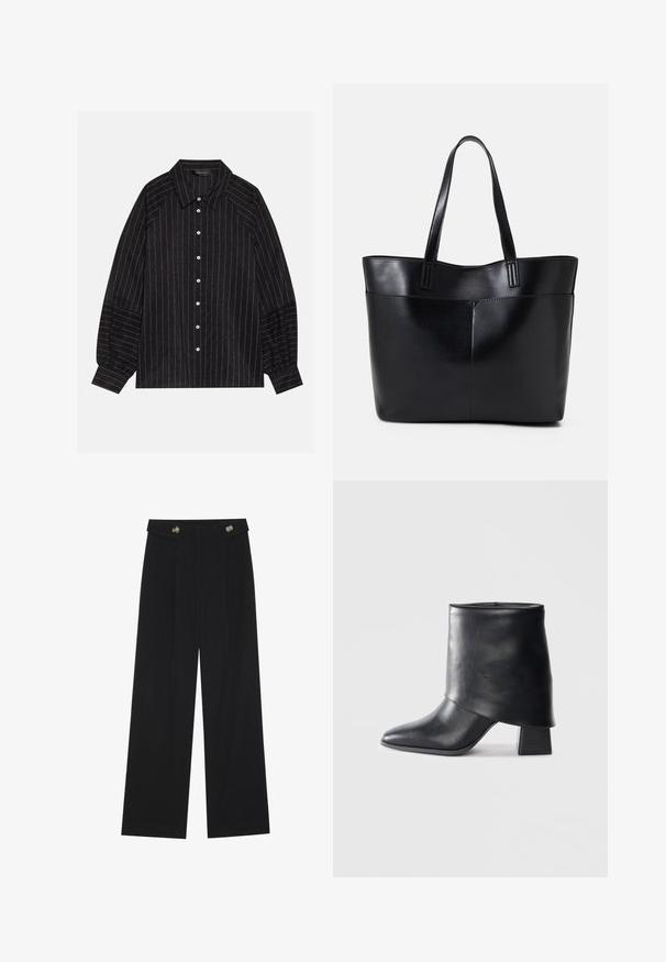 Must must-valge triibuline särk, millel on terav krae, pikad varrukad ja elastsed mansetid. Valmistatud tekstureeritud kangast.; Mustad laiad püksid kõrge vöökoha ja nööpdetailidega vööandil, esikortsudega.; Mustad nahast pahkluuring, millel on terav varvas, sile tekstuur ja struktureeritud plokknakk. Omab kõrget, volditud suud.; Must mustaga musta nahast, millel on kaks pikka kanda, sile tekstuur ja struktureeritud kuju. Esipoolsel on lisakoti jaoks tasku.