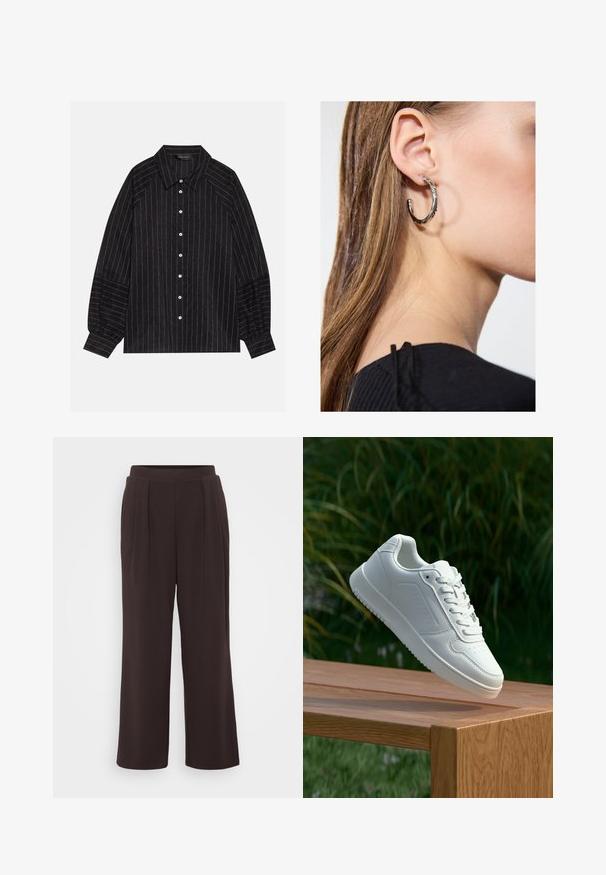 Čierna košeľa s gombíkmi a bielymi pruhmi, s ostrým golierom, dlhými rukávmi a elastickými manžetami. Vyrobená z texturovanej tkaniny.; Tmavohnedé široké nohavice s plisovaním, vyrobené z hladkej látky. Majú jednoliatu farbu a elastický pás pre pohodlie.; Biele tenisky s hladkým syntetickým zvrškom, perforovanou špičkou, plochými šnúrkami a textúrovanou podrážkou, vystavené na drevenej ploche.; Strieborná kruhová náušnica s lesklým povrchom, obsahujúca malé zlaté akcenty a okrúhly tvar, nosená na lalôčiku ucha.