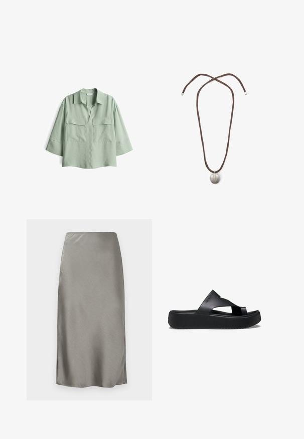 Camicia verde chiaro a maniche corte con colletto, dotata di due tasche frontali e vestibilità comoda. Realizzata in tessuto morbido e testurizzato.; Gonna midi in raso grigio con una texture liscia e elegante. Leggeri spacchi laterali che migliorano il movimento. Design minimalista, vita attillata e silhouette dritta.; Infradito neri con piattaforma, dotati di suola in gomma texturizzata, caratterizzati da un design con fasce incrociate e una finitura opaca. Logo del brand discreto sul lato.; Collana con cordino marrone e pendente ovale in argento. Il pendente ha una superficie liscia e una leggera indentazione al centro.