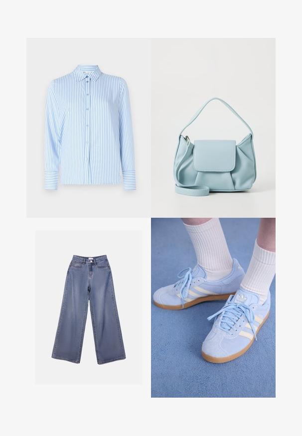 Light blue striped long-sleeve shirt with a collared neckline, button-down front, and contrasting striped cuffs. Smooth fabric texture.; Wide-leg denim jeans in a light blue wash, featuring a high waist, front pockets, and a button closure with belt loops.; Light blue suede sneakers with white stripes, flat laces, and a gum rubber sole. Ribbed white socks are worn above the ankle.; Light blue leather handbag with a top handle, front flap pocket, and detachable wrist strap on a white background.